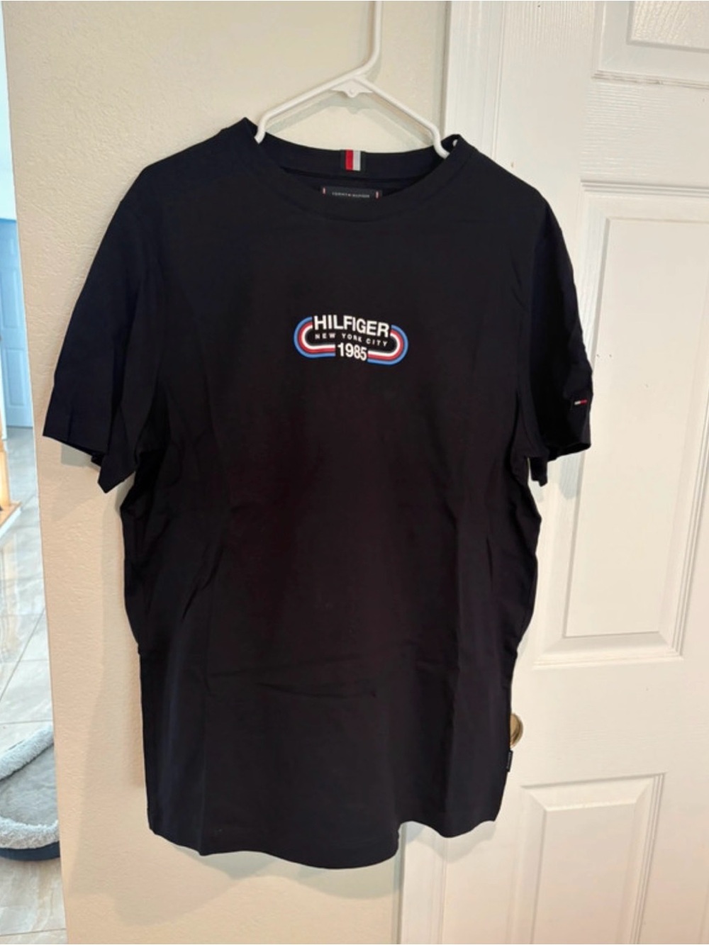 Tommy Hilfiger Black Short Sleeve Logo Crew Tee with Red & Blue Accents